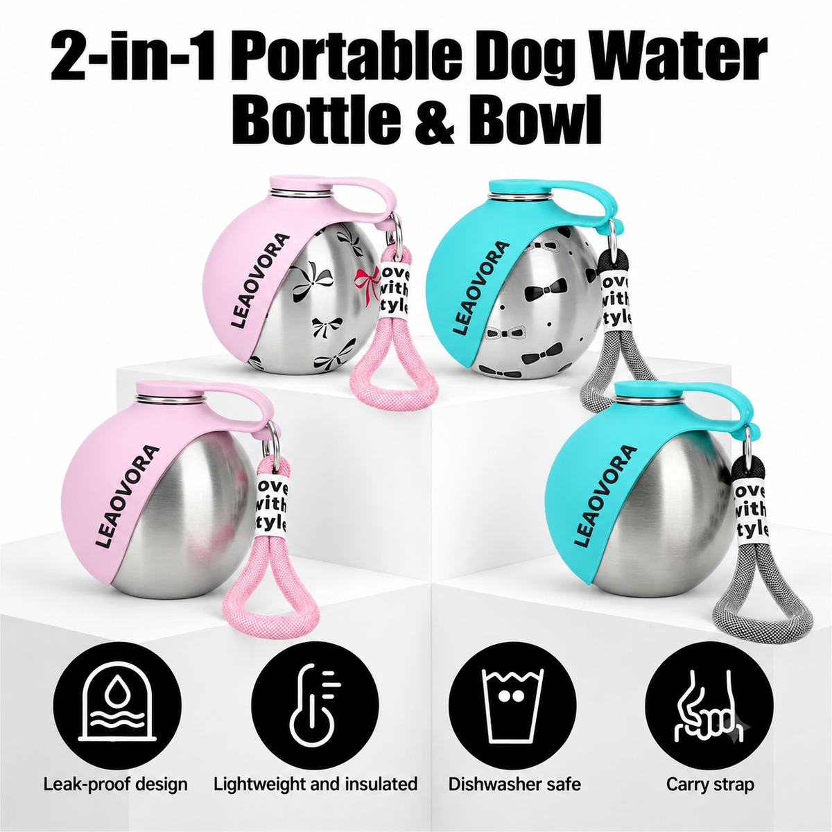 LEAOVORA 2-in-1 Portable Dog Water Bottle & Foldable Bowl